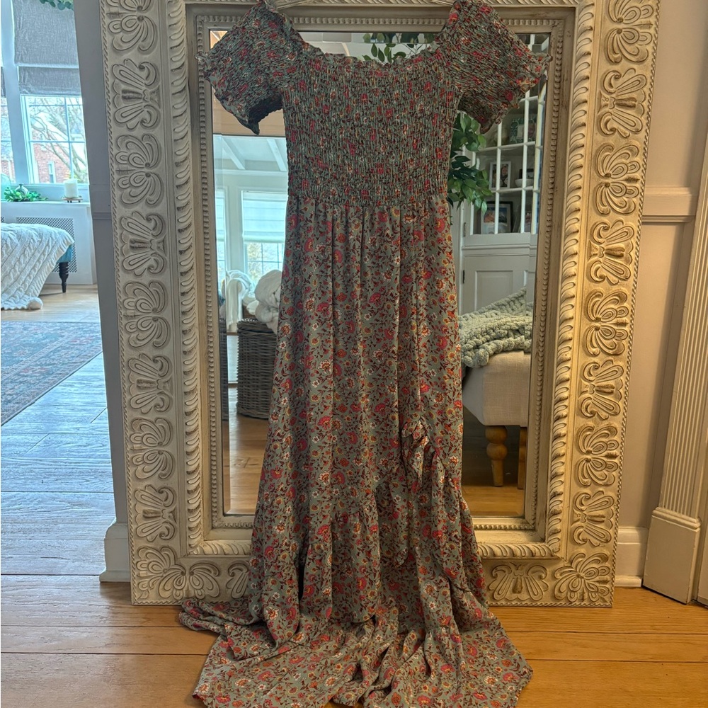 Francesca’s Smocked high/low Maxi Dress - Pink/Green floral